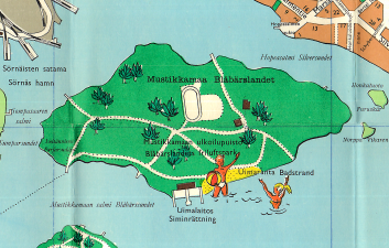 Kuvassa ote Helsingin kuvitetusta kartasta vuodelta 1964. Otteessa näkyy Mustikkamaan ulkoilualue sekä uimaranta, jolla kaksi piirroshahmoa ovat uimassa ja viettämässä kesää.