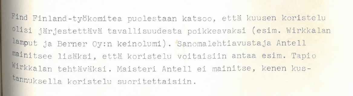 Kellertävälle paperille konekirjoitettua tekstiä.