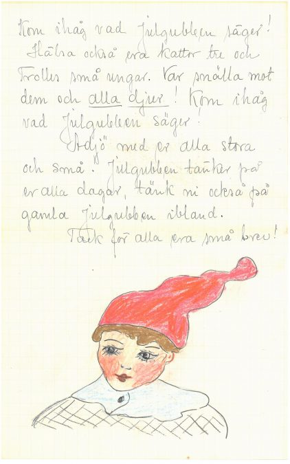 Kirjeen alareunaan on piirretty puolen sivun kokoinen joulutonttu, jolla on lapsekkaat piirteet ja punakkaat posket.