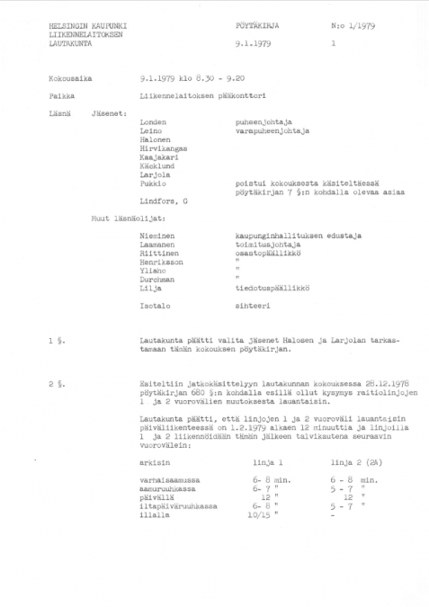 Esimerkki liikennelaitoksen lautakunnan pöytäkirjasta 1970-luvulta.
