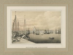 Helsinki nähtynä Eteläsatamasta. Frans Liewendahlin litografi vuodelta 1851.